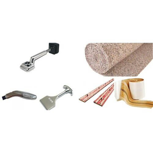 Image presents the Oak & Stone Floors flooring and floor covering installation tools they sell for installing residential and commercial carpet; tools such as knee kickers, utility knifes, tuckers, carpet pad, tack strip, seam tape and more.