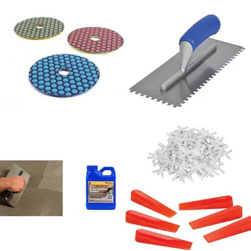 Image presents the Oak & Stone Floors flooring and floor covering installation tools they sell for installing tile and natural stone; tools such as polish pads, trowels, sealer, spacers and more.