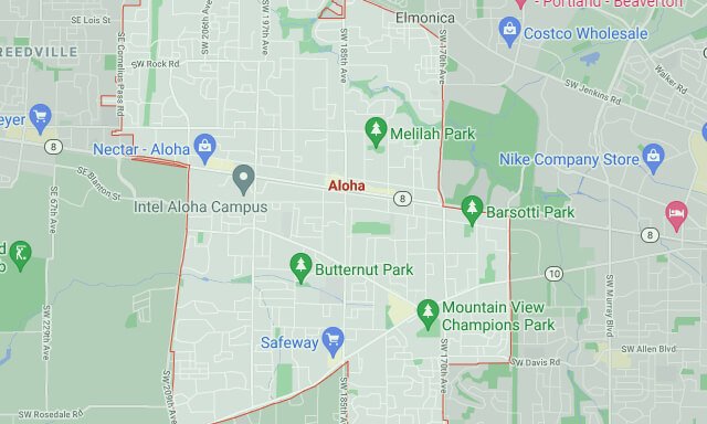 Image presents a map of Aloha, Oregon indicating the area of Aloha that OAK & STONE FLOORS, of Portland Oregon, will service with home flooring and commercial floor covering sales, products, floor design, installation, remodel and renovations.