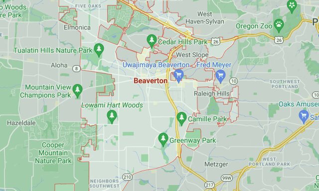Image presents a map of Beaverton, Oregon indicating the area of Beaverton that OAK & STONE FLOORS, of Portland Oregon, will service with home flooring and commercial floor covering sales, products, floor design, installation, remodel and renovations.