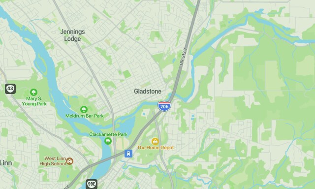 Image presents a map of Gladstone, Oregon indicating the area of Gladstone that OAK & STONE FLOORS, of Portland Oregon, will service with home flooring and commercial floor covering sales, products, floor design, installation, remodel and renovations.