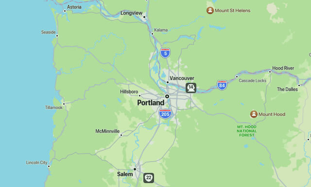 Image presents a map of Oregon indicating the cities of Oregon that OAK & STONE FLOORS, of Portland Oregon, will service with home flooring and commercial floor covering sales, products, floor design, installation, remodel and renovations; including the cities of Fairview, Woodburn, Canby, Sherwood, Happy Valley, Damascus, Boring, Tualatin, Raleigh Hills, Oatfield, Oak Grove, Hood River, Garden Home-Whitford, Clackamas, Damascus, West Linn, Sunnyside, Eagle Creek and Cascade Locks.