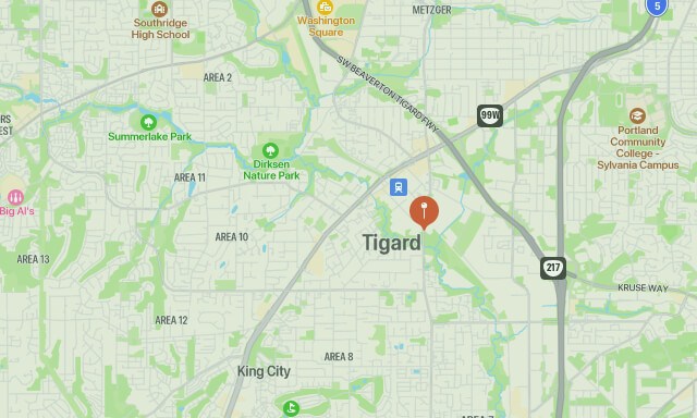 Image presents a map of Tigard, Oregon indicating the area of Tigard that OAK & STONE FLOORS, of Portland Oregon, will service with home flooring and commercial floor covering sales, products, floor design, installation, remodel and renovations.