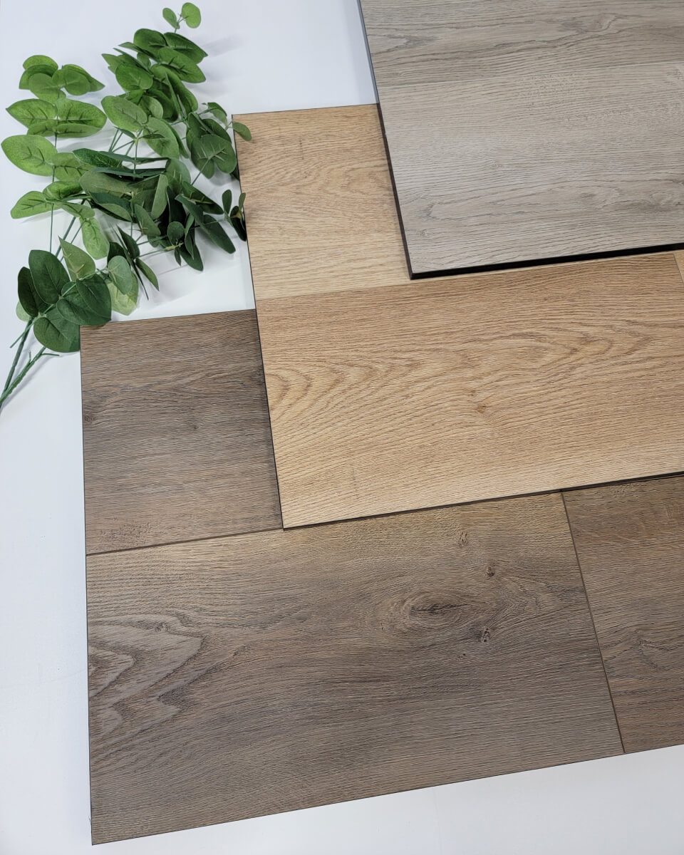 Image presents wood flooring product samples from OAK & STONE FLOORS, showing flooring, wall, and countertop product samples as an inspirational photo gallery for customers in the Portland, Oregon and Vancouver, Washington areas.